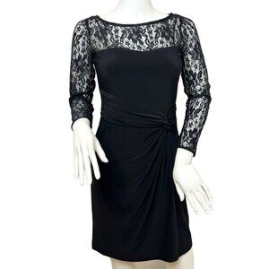 Chaps Black Lace- Trimmed Mini Dress S Petite Sheath Long Sleeve Cocktail Party